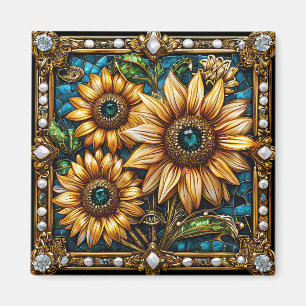 Weelderige zonnebloem kunstwerk omlijst in goud magneet