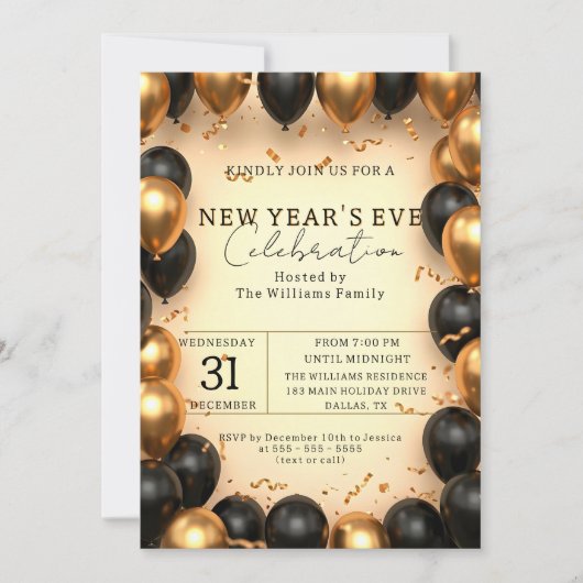 Weelderige Zwarte Gouden Ballon Confetti Nieuwjaar Kaart (Voorkant)