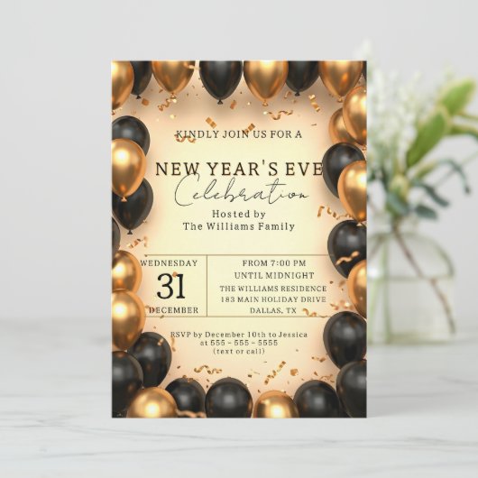 Weelderige Zwarte Gouden Ballon Confetti Nieuwjaar Kaart (Staand voorkant)