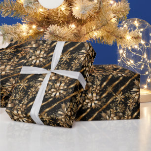 Weelderige Zwarte Marmer & Gouden Lint Kerstmis Cadeaupapier