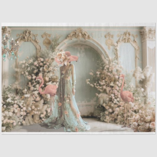 Weelderigheid, Elegante Dame, Flamingo & Bloemmoti Tissuepapier (Voorkant)