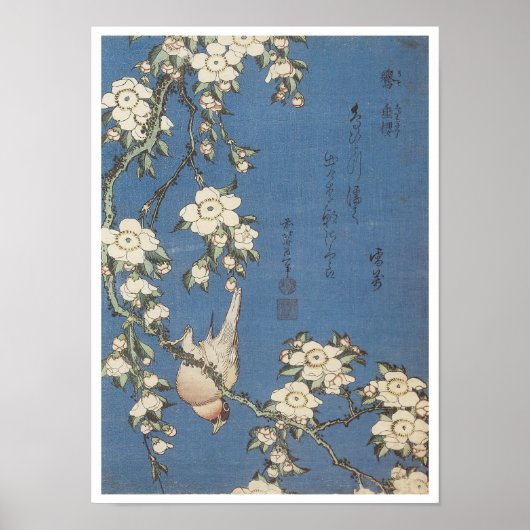 Weeping Cherry and Bullfinch, Hokusai, 1834 Poster (Voorkant)