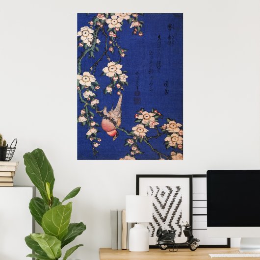 Weeping Cherry en Bullfinch, Hokusai Poster (Thuiskantoor)