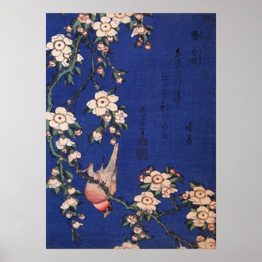 Weeping Cherry en Bullfinch, Hokusai Poster (Voorkant)