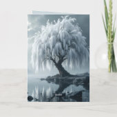 Weeping willow by a pond, black and white kaart (Achterkant)