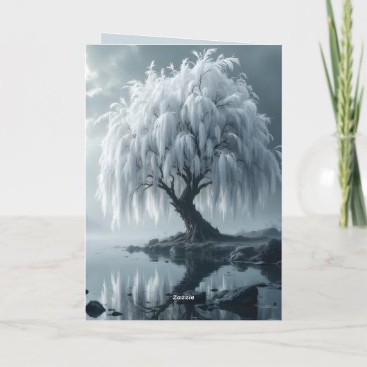 Weeping willow by a pond, black and white kaart (Achterkant)