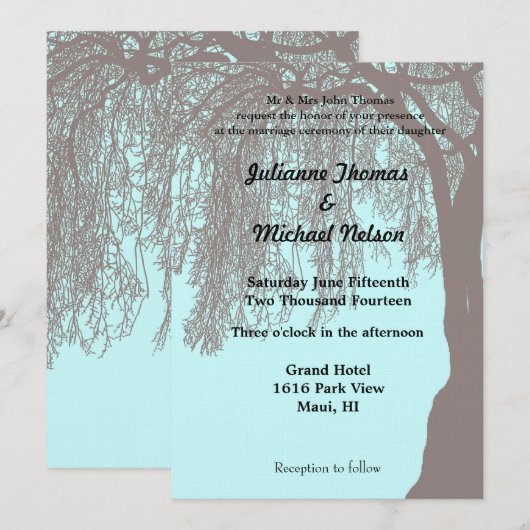 Weeping Willow Tree Blauw Bruin Huwelijk Kaart (Voorkant / Achterkant)