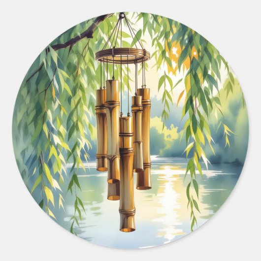 Weeping Willow, Windchimes en Lake Ronde Sticker (Voorkant)