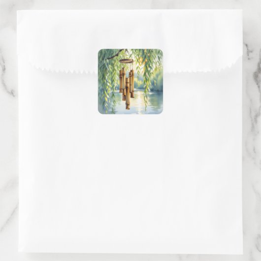 Weeping Willow, Windchimes en Lake Vierkante Sticker (Tas)