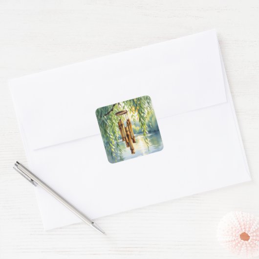 Weeping Willow, Windchimes en Lake Vierkante Sticker (Envelop)