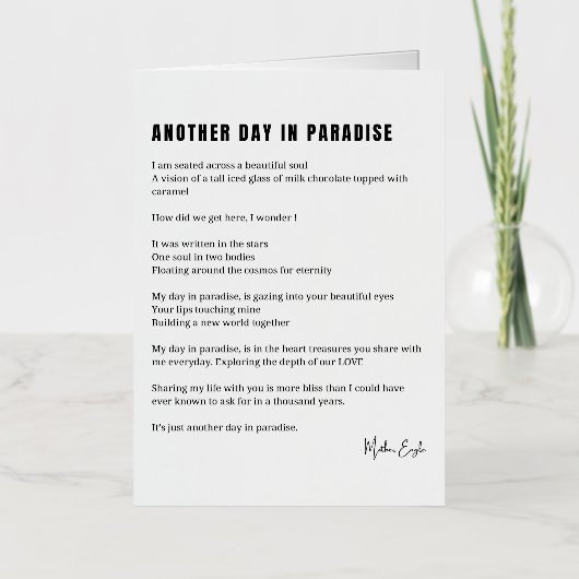 Weer een dag in het paradijs gedicht zwart wit folie wenskaart (Voorkant)