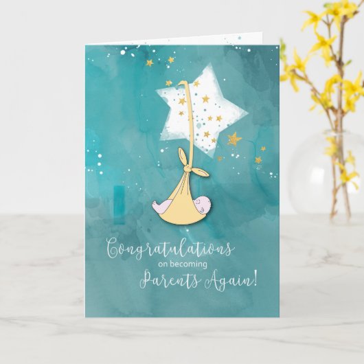 Weer ouders worden, gefeliciteerd, Baby in sterren Kaart (Gele Bloem)