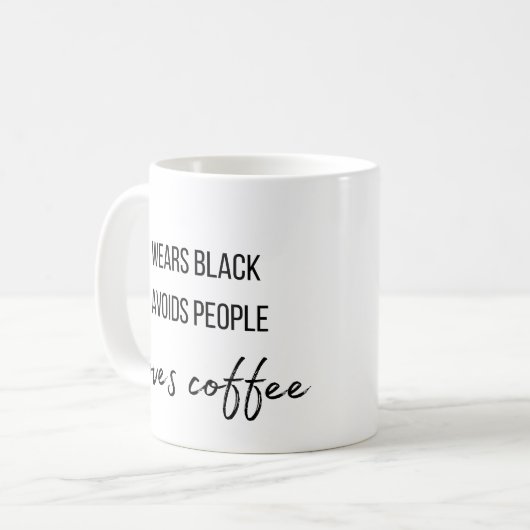 Weer zwart, vermijdt mensen, houdt van koffie koffiemok (Voorkant links)