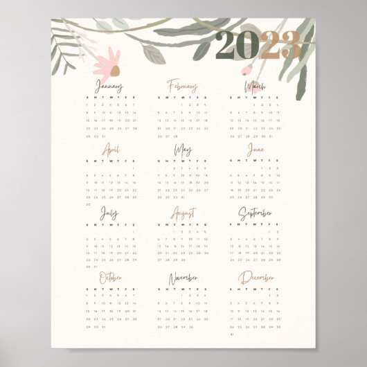 Weergave kalender 2023 FLORAL PASTEL - ENGELS Poster (Voorkant)