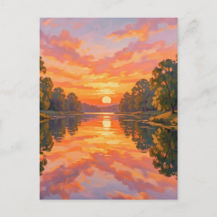 Weerkaatsing van een levendige zonsondergang in de briefkaart