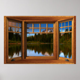 Weerspiegelingen van het bergmeer Fake Window Illu Poster