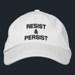 Weersta en volhard zwarte tekst op witte politieke geborduurde pet<br><div class="desc">Show dat je niet toegeeft aan tirannie en anderen inspireert om te protesteren door het dragen van een honkbal pet met de woorden "Resist & Persistent" geborduurd in vet zwarte tekst op een witte achtergrond. Petten zijn verkrijgbaar in andere kleuren in de zijbalk. Om het ontwerp te zien Weerstaan en...</div>