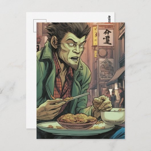 Weerwolf eet Chinees eten Briefkaart (Voorkant / Achterkant)