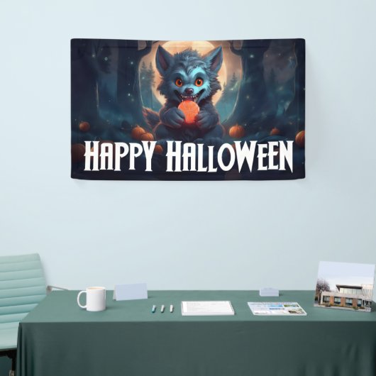 Weerwolf eet Snoep Happy Halloween Spandoek (Beurs)