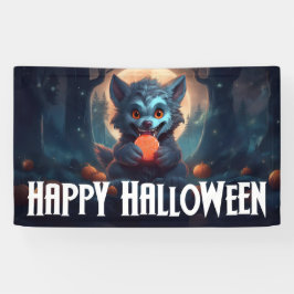 Weerwolf eet Snoep Happy Halloween Spandoek