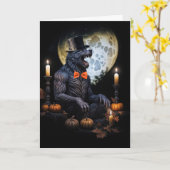 Weerwolf en Moon Candles Pumpkins eng Halloween Kaart (Gele Bloem)