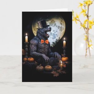 Weerwolf en Moon Candles Pumpkins eng Halloween Kaart