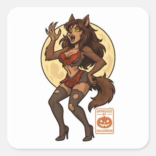 Weerwolf Meisje Cartoon Vierkante Sticker (Voorkant)