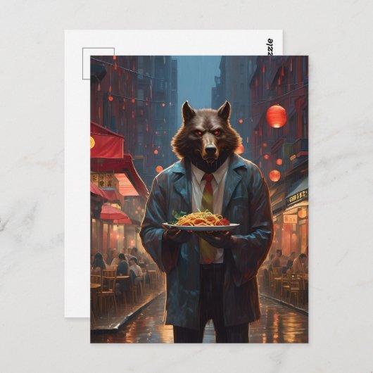 weerwolf met een groot gerecht van rundvlees chow  briefkaart (Voorkant / Achterkant)