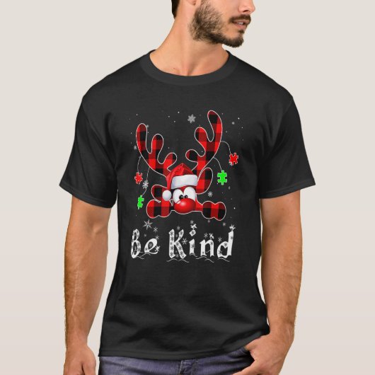 Wees Aardig Rendier Rood Geruit Puzzel Autisme Bew T-shirt (Voorkant)