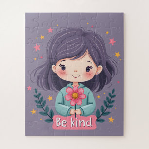 Wees Aardig Schattig Meisje met Bloem Positieve Ku Legpuzzel