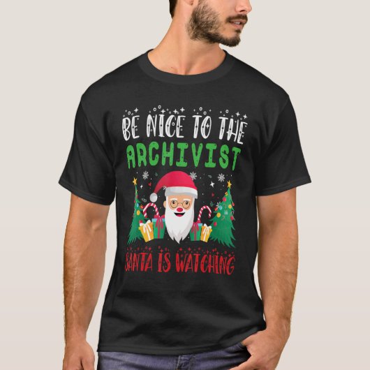 Wees aardig tegen Archivist De Kerstman kijkt naar T-shirt (Voorkant)