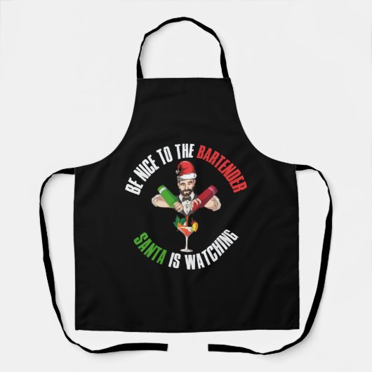 Wees aardig tegen de barman grappig kerstcadeau schort (Voorkant)
