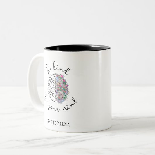Wees aardig tegen je geest, hersenhersenhersengezo tweekleurige koffiemok (Voorkant links)