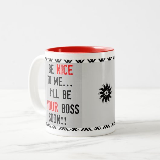 Wees aardig tegen me, Mok. Tweekleurige Koffiemok (Voorkant links)