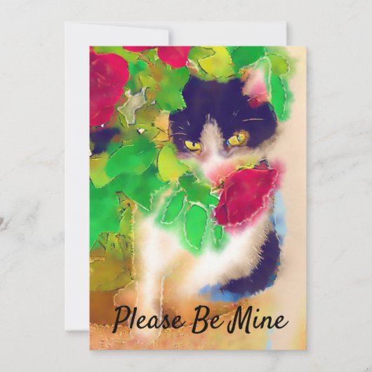 Wees alsjeblieft mijn, kat met rode rozenValentijn Bedankkaart (Voorkant)