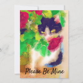 Wees alsjeblieft mijn, kat met rode rozenValentijn Bedankkaart