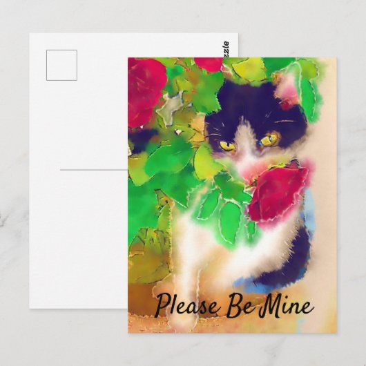 Wees alsjeblieft mijn, kat met rode rozenValentijn Briefkaart (Voorkant / Achterkant)