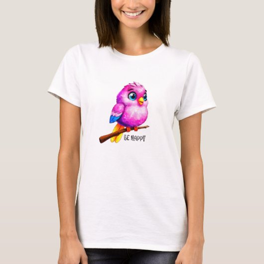 Wees blij: de vrolijke roze vogel t-shirt (Voorkant)