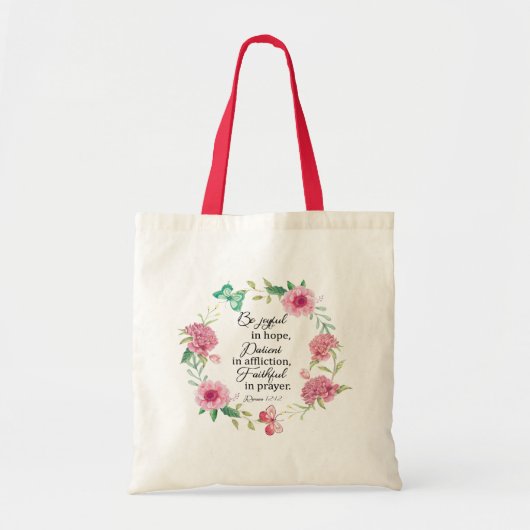 Wees blij in hoop dat tweetalige Romeinen 12:12 Tote Bag (Voorkant)