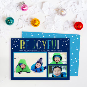 Wees blij  Navy Blue Holiday Photo Collage Feestdagenkaart