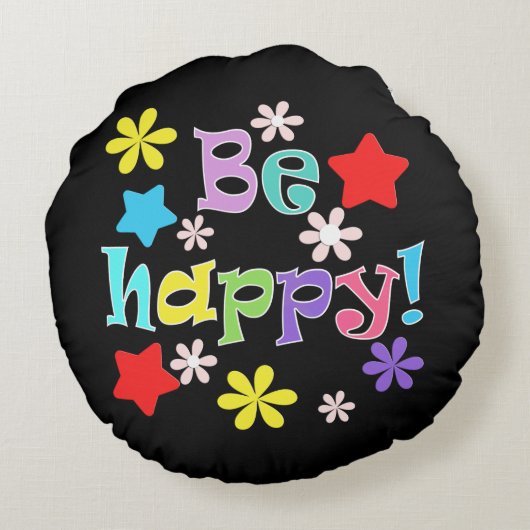 Wees blij! , veelkleurig rond kussen (Achterkant)