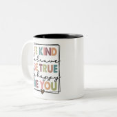 Wees blij, wees blij, wees blij. tweekleurige koffiemok (Voorkant links)