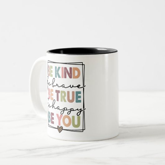 Wees blij, wees blij, wees blij. tweekleurige koffiemok (Voorkant links)