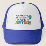 Wees geduldig ik heb autisme kleurrijk trucker pet<br><div class="desc">Autism Awareness Pet in heldere,  gedurfde en levendige kleuren "Please be Patient I have Autism" Awareness Design dat een perfecte campagne maakt of het dagelijks draag.</div>