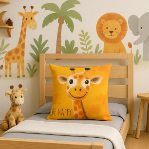 Wees Gelukkig Giraffe Geel Oranje Kinderen Motiver Kussen