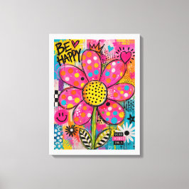 Wees Gelukkig Kleurrijke Bloem Pop Art Canvas Afdruk