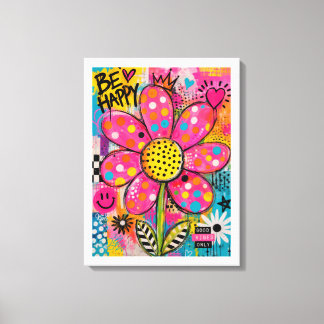 Wees Gelukkig Kleurrijke Bloem Pop Art Canvas Afdruk