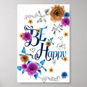 Wees Gelukkig Positieve Citaat Blauwe Paarse Goude Poster