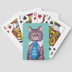 "WEES GEWELDIGE!" Cat in Blue Stropdas, Blauwgroen Pokerkaarten