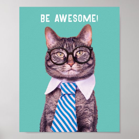 "WEES GEWELDIGE!" Cat Stropdas & Glasses, Blauwgro Poster (Voorkant)